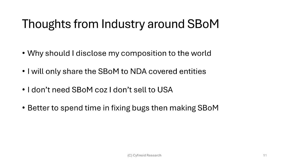 Slide 11 of Bsides Bangalore Sbom Fad Future