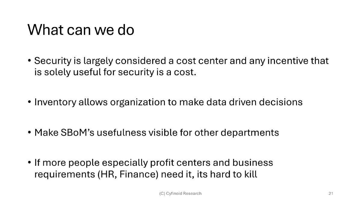 Slide 21 of Bsides Bangalore Sbom Fad Future